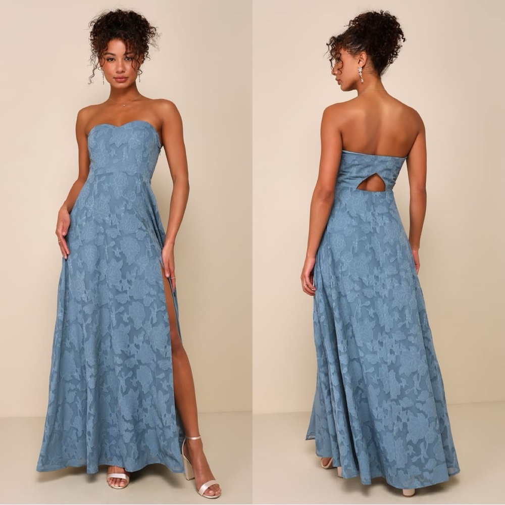 Lulu's Dusty Blue Strapless Lace Maxi with Back Cutout